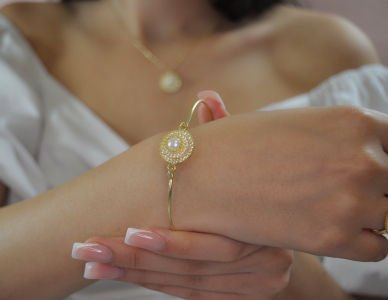 Armreif Silber 925 - Zirkonia - 14k Vergoldet - Süsswasserperle - Brautarmband -Armschmuck Damen - Handmade - Gift - Geschenk Weihnachten